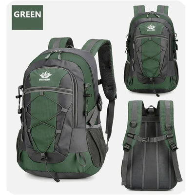 Green all-weather adventure backpack with multiple compartments and padded straps for hiking and outdoor use
